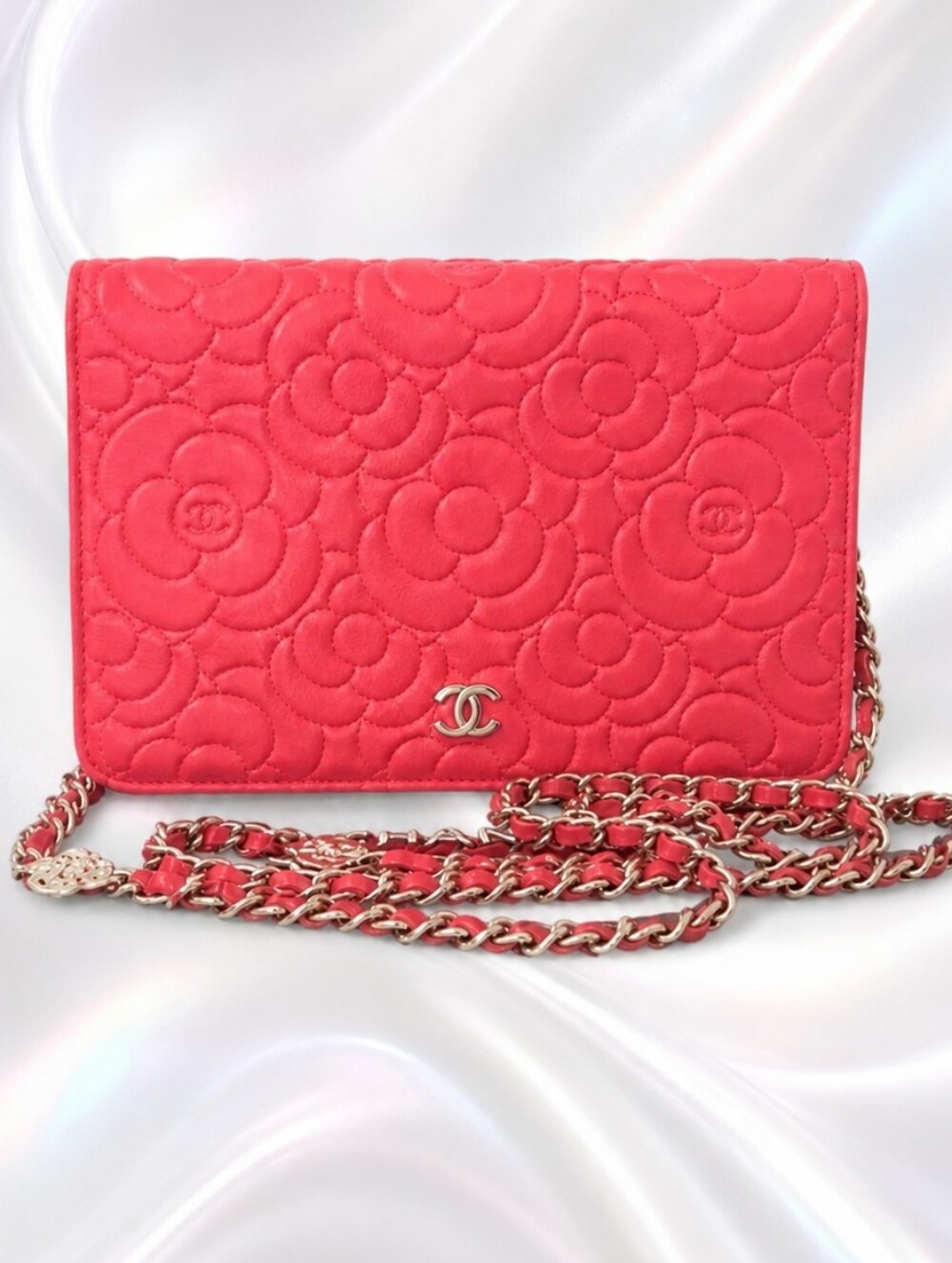 CHANEL Coral Caviar Leather, Camellia-Embossed Mini Cross Body Wallet - Picture 1 of 12